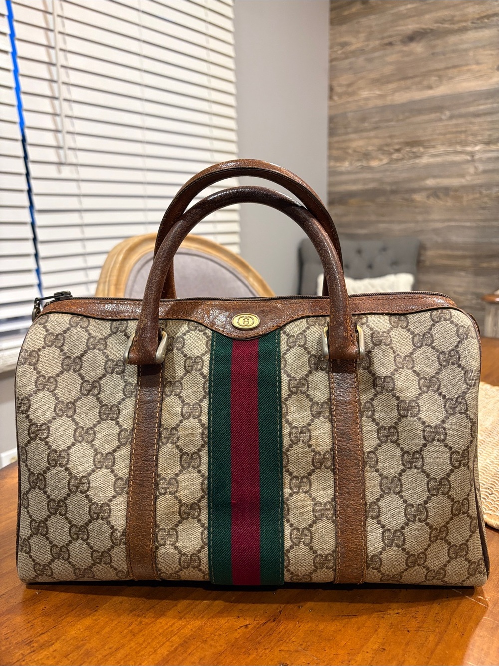 Gucci Brown Monogram Boston Bag with Green and Red Stripe